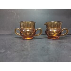 Indiana Glass Amber Kings Crown Creamer And Open Sugar Bowl, Vintage Yellow Glas